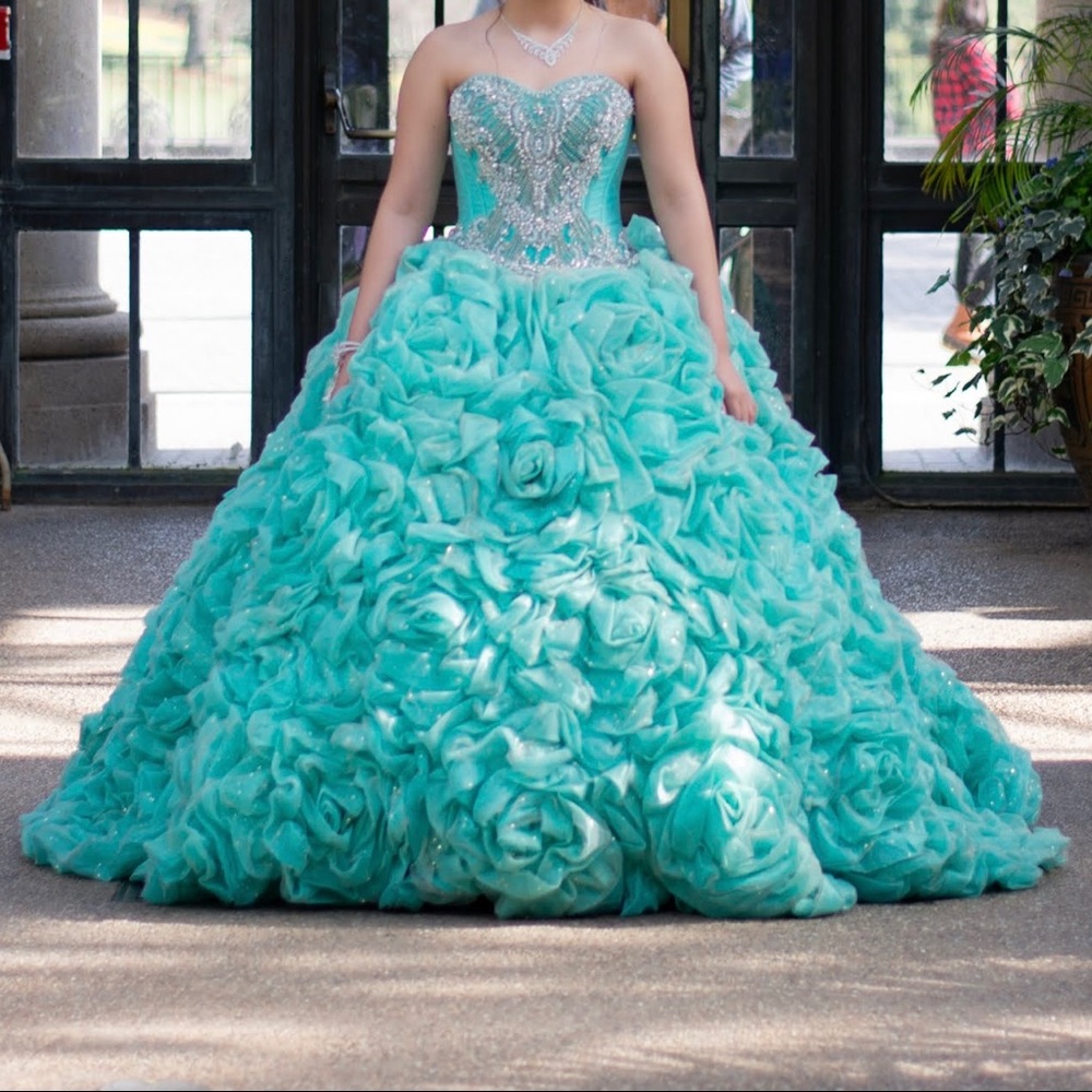 Champagne/Aqua Ruffled Strapless Quinceañera Dress by House of Wu (26800) Size 4